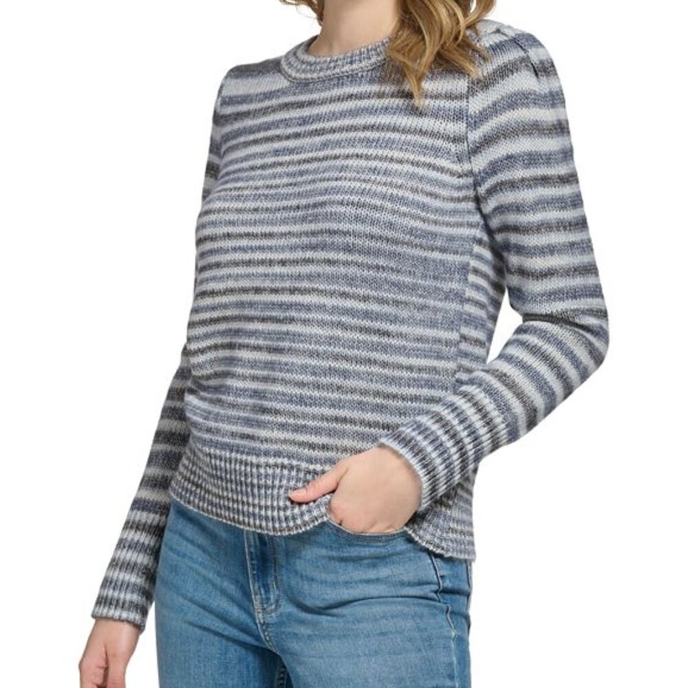 CALVIN KLEIN STRIPED PUFF SHOULDER PULLOVER SWEATER